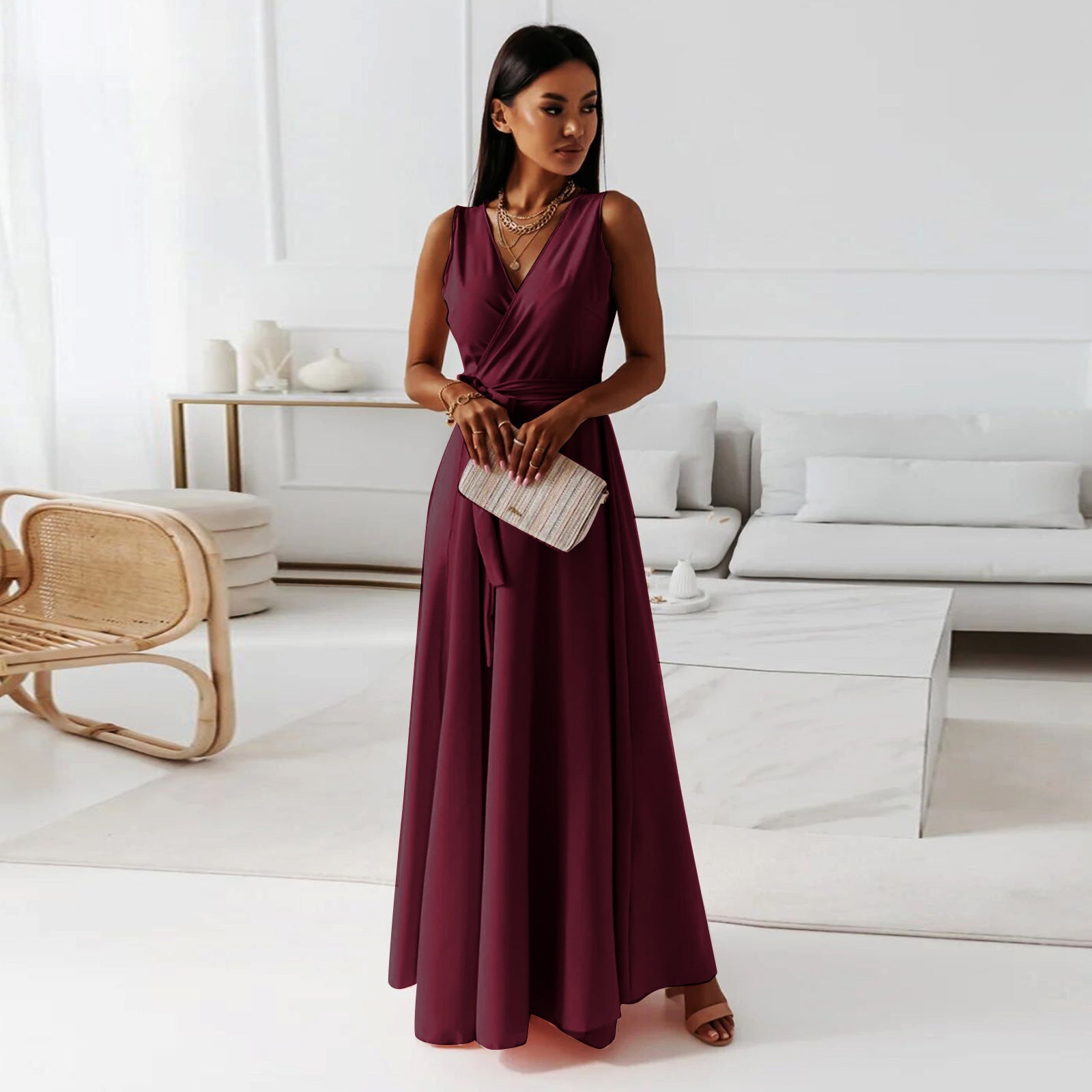 Maxi Dress with Wrap V-Neck and Tie Waist - wine red front view
