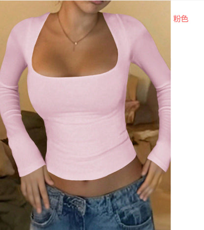 Top with Square Neck and Long Sleeves - pink front close-up