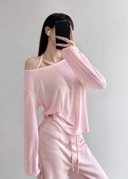 Top with Off-Shoulder Halter Strap - light pink mirror view