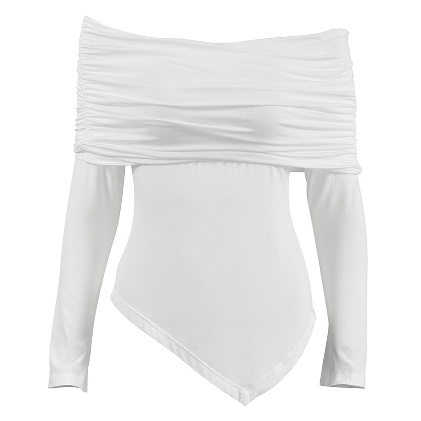 Top in White with Bardot Neckline & Asymmetric Hem - white flat lay showing the ruched foldover neckline and pointed hem