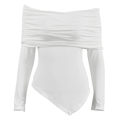 Top in White with Bardot Neckline & Asymmetric Hem - white flat lay showing the ruched foldover neckline and pointed hem