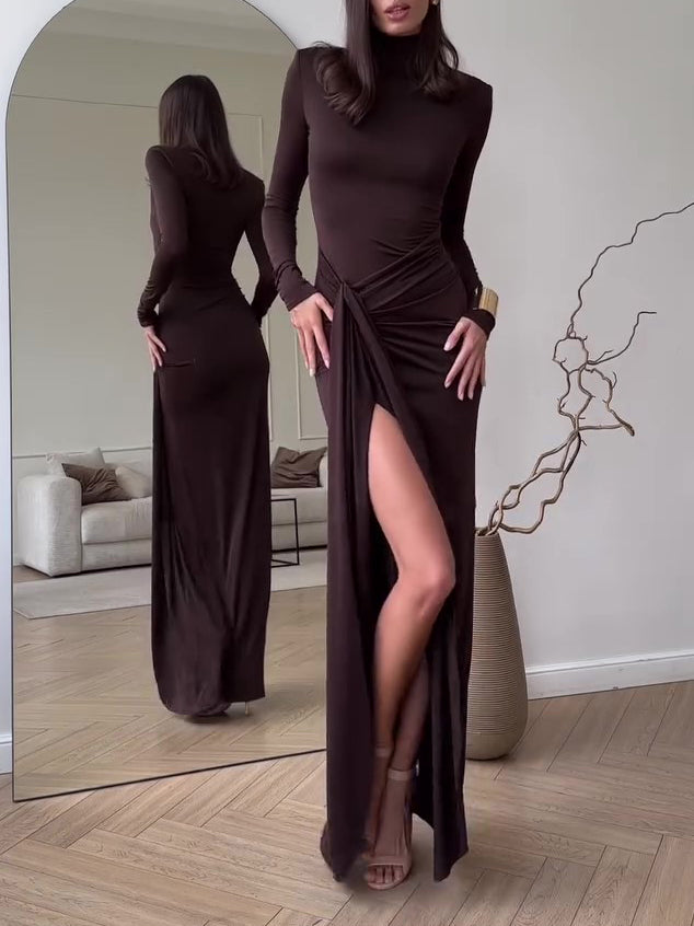 Ruched Slit Maxi Dress in Chocolate Brown - chocolate brown front view with ruched thigh slit