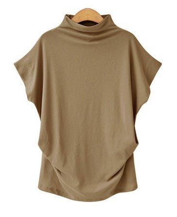 Tunic Top in Funnel-Neck Cotton with Drape Hem - Khaki front view
