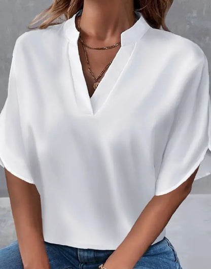 Blouse with Notch Neck and Split Sleeves - white front view