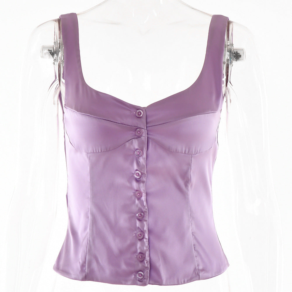 Vest Top in Satin with Square Neck and Button Front - light purple flat lay front