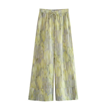 Shirt and Wide-Leg Trousers Set in Sage Tie-Dye Linen Blend - sage tie-dye wide-leg trousers front view