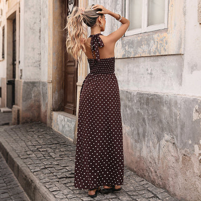 Maxi Dress with Polka Dot Halterneck Tie-Back - Coffee Brown back view