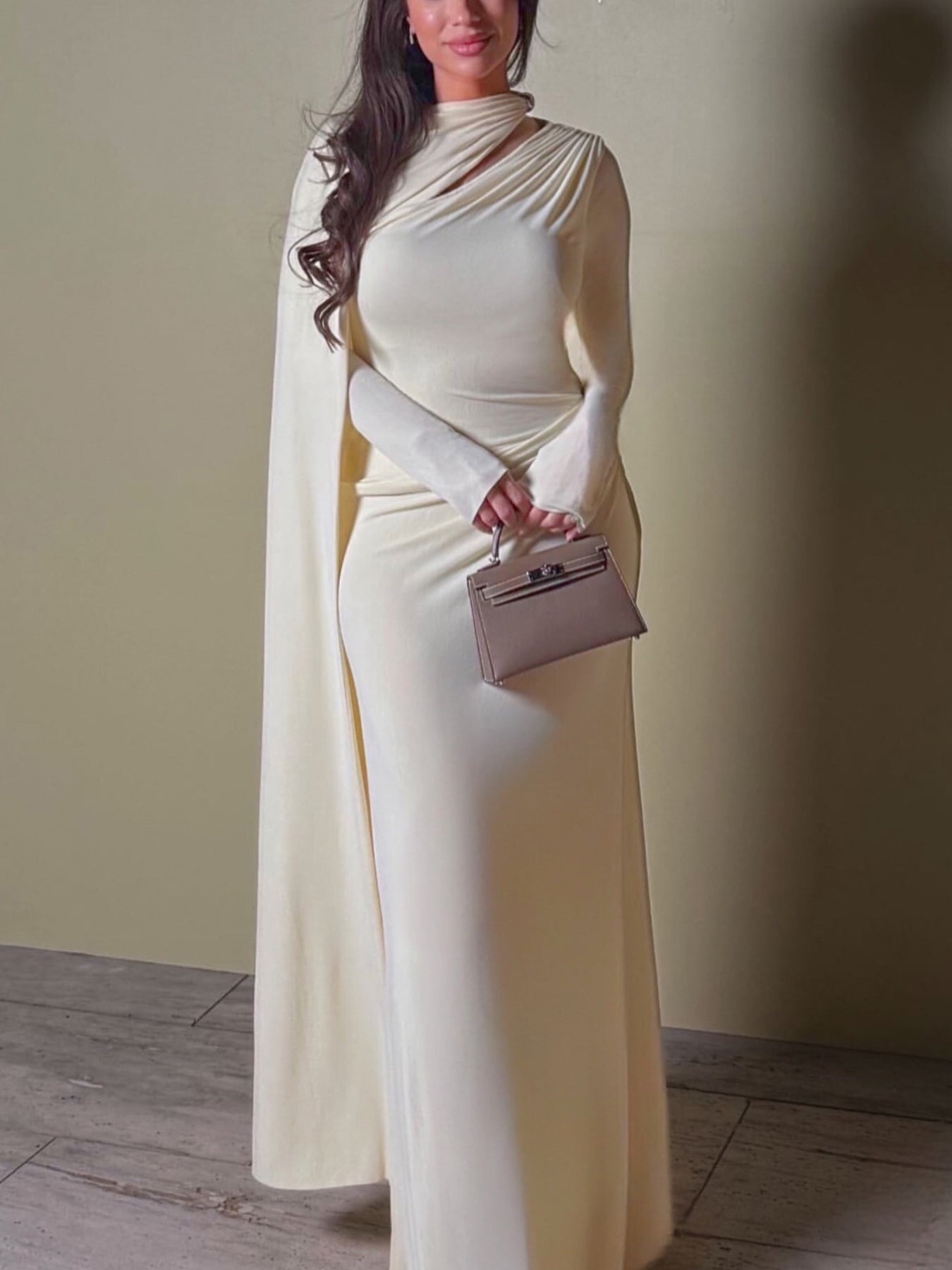 Drape-Neck Maxi Dress in Apricot with Cape Sleeve - studio view showing neckline and waist drape