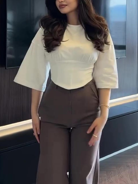 Peplum Crop Top with Flared Short Sleeves - white angled front view