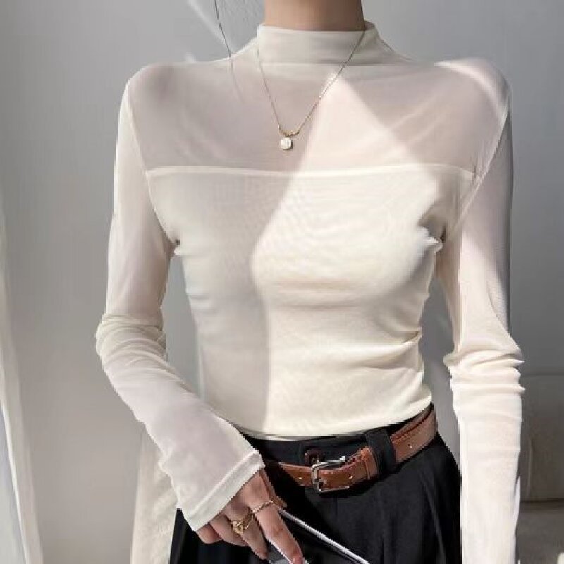 Mesh Top with Semi-High Neck and Long Sleeves - white styled front view