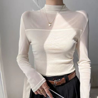 Mesh Top with Semi-High Neck and Long Sleeves - white styled front view