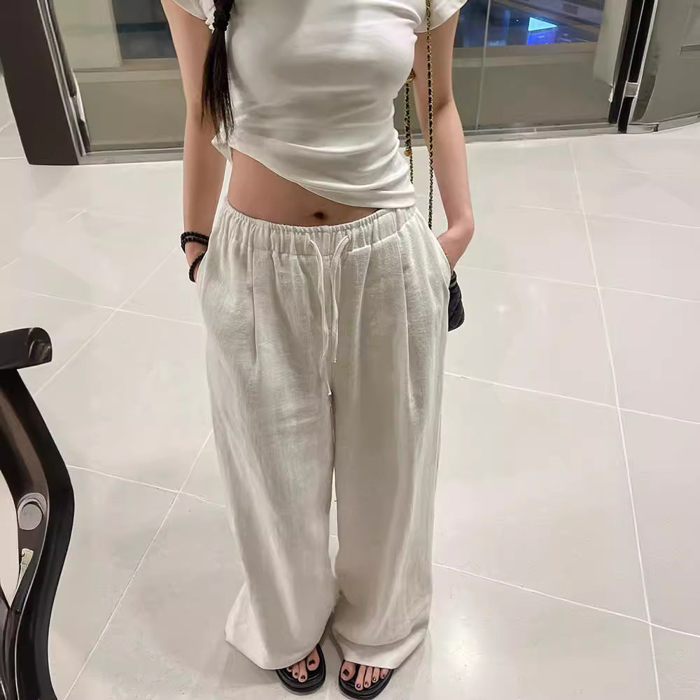 Wide-Leg Trousers in White Linen Blend - white drawstring waist close-up