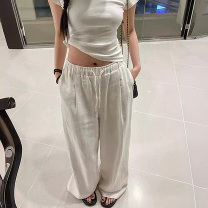 Wide-Leg Trousers in White Linen Blend - white drawstring waist close-up