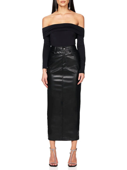 Black Faux Leather High-Waist Maxi Pencil Skirt — studio full-length front view