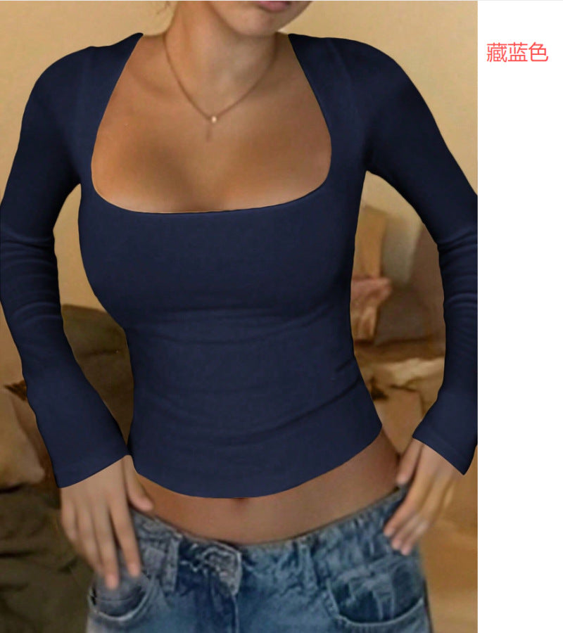 Top with Square Neck and Long Sleeves - dark blue front close-up