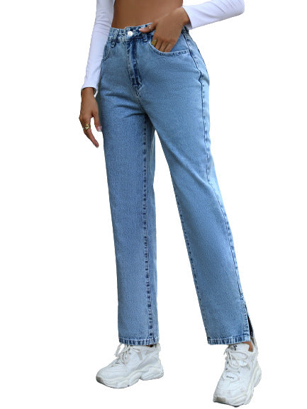 Straight-Leg High-Waist Jeans in Light Blue - side pocket and leg shape