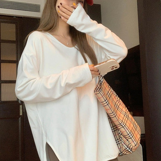 T-Shirt in White with Longline Side-Split Hem - white front lifestyle view