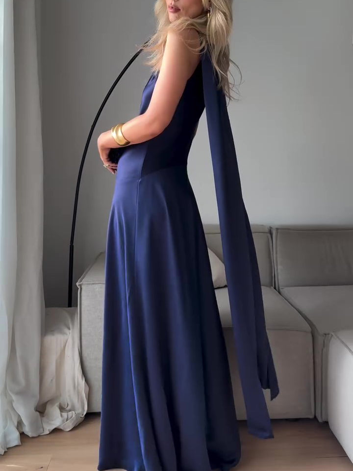 Maxi Dress in Royal Blue Satin with Draped Scarf Neck - side view showing the trailing scarf panels