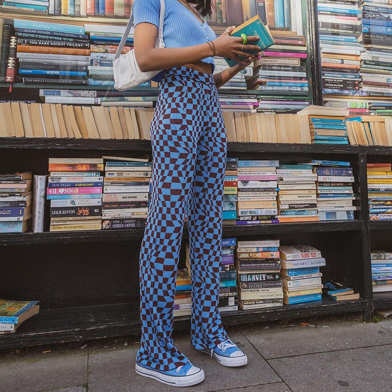 High-Waist Printed Wide-Leg Trousers - blue plaid full-length lifestyle view