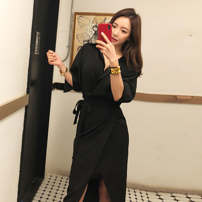 Wrap Midi Dress in Black with Tie Waist - black upper-body mirror view showing wrap neckline
