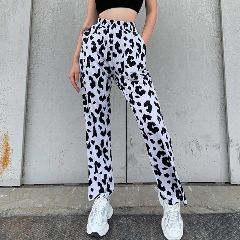 High-Waist Printed Wide-Leg Trousers - black and white cows front view