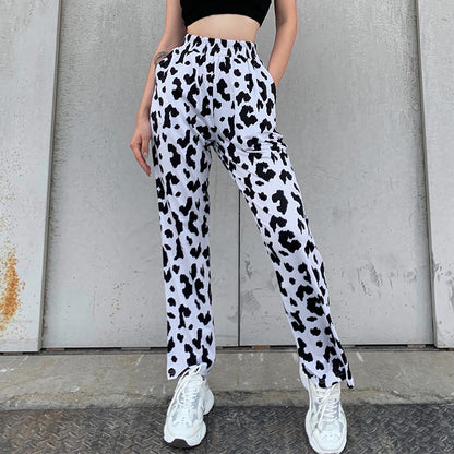 High-Waist Printed Wide-Leg Trousers - black and white cows front view