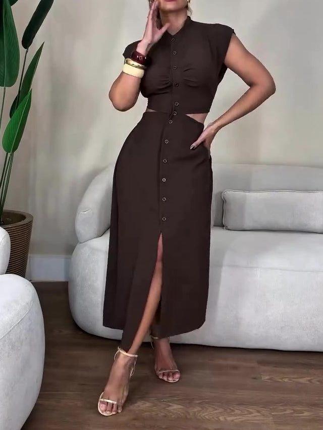 Maxi Shirt Dress in Brown with Waist Cut-Out - brown front pose with split detail
