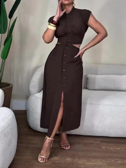 Maxi Shirt Dress in Brown with Waist Cut-Out - brown front pose with split detail