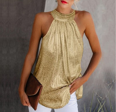 Halter Tunic Top in Metallic Pleated Finish - Golden front view