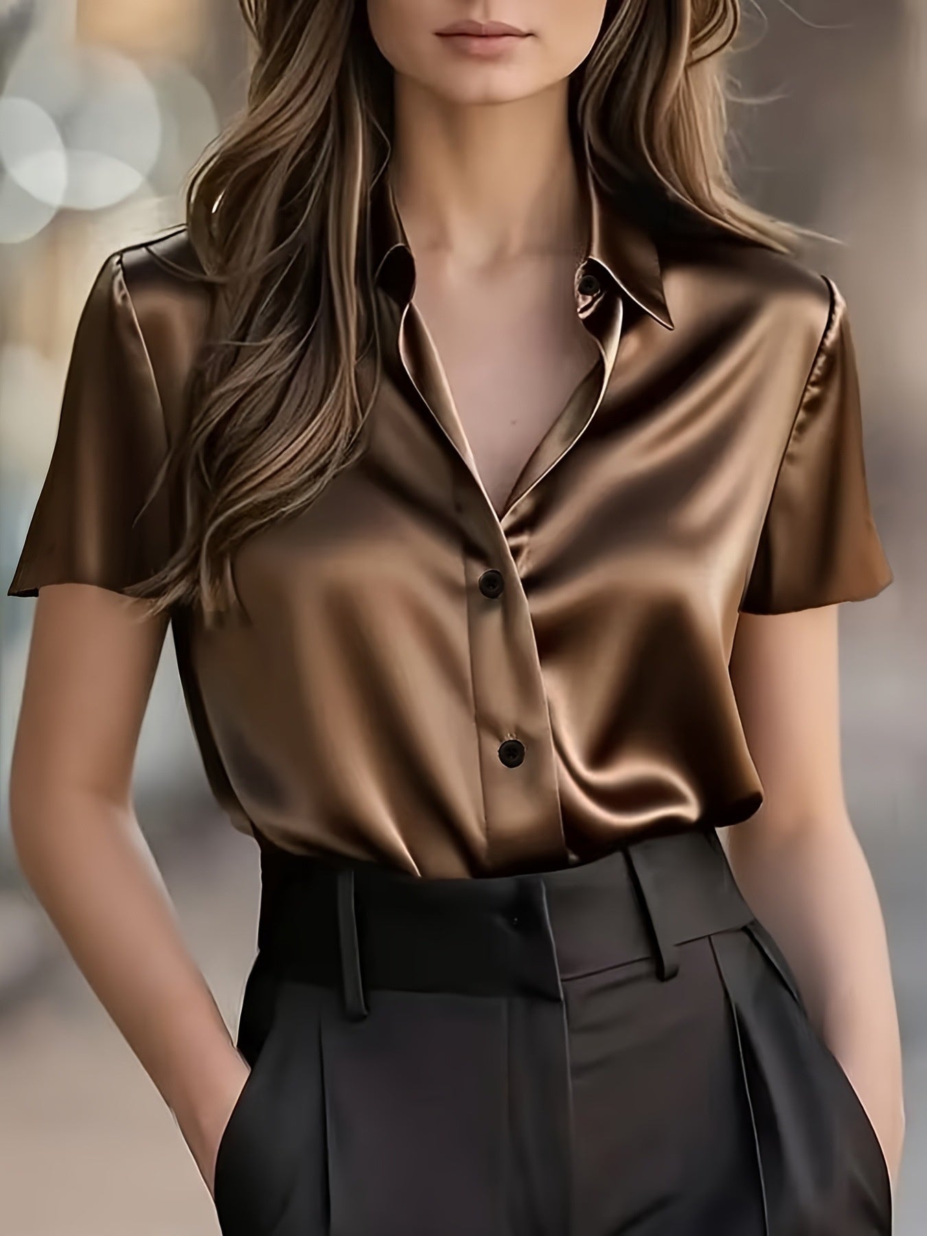 Blouse in Draped Satin with Short Sleeves - coffee front styling