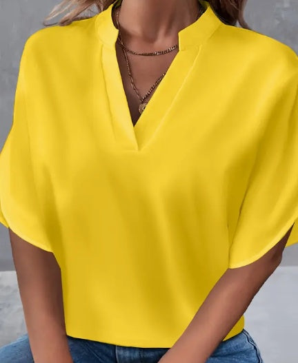Blouse with Notch Neck and Split Sleeves - yellow front view