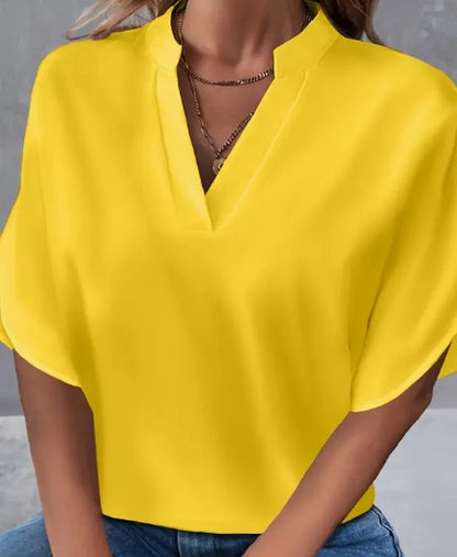 Blouse with Notch Neck and Split Sleeves - yellow front view