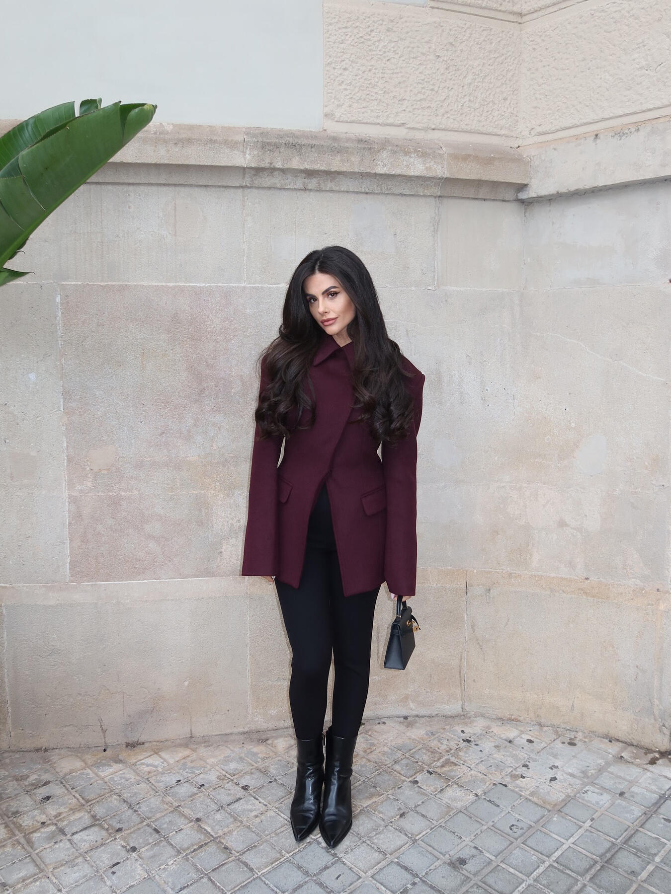 Cross-Placket Tailored Blazer in Burgundy - burgundy full-length front view