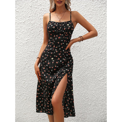 Midi Dress in Dot Print with Side Split - black front view
