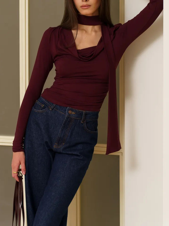 Long-Sleeve Top with Scarf Neck and Drape Front - claret angled full-length view