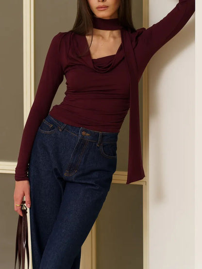 Long-Sleeve Top with Scarf Neck and Drape Front - claret angled full-length view
