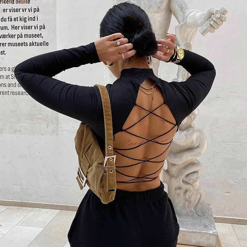 Long-Sleeve Crop Top in Black with Lace-Up Back - back view with criss-cross straps