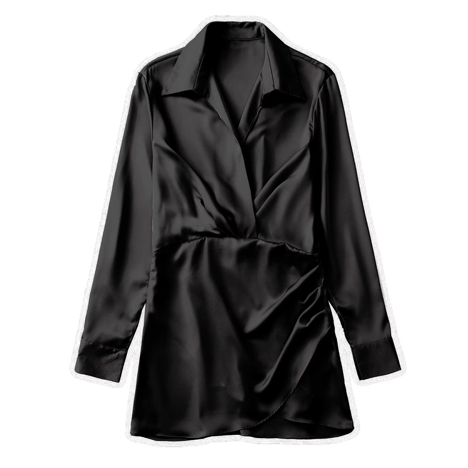 Mini Shirt Dress with Satin-Feel Drape Waist - black front view