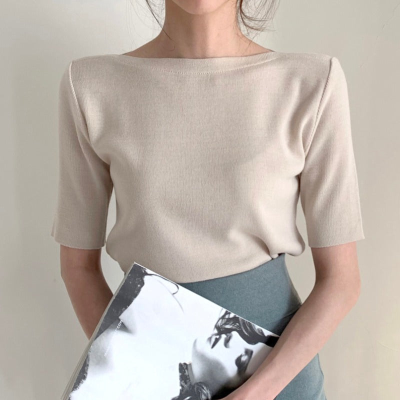 Boat-Neck Fine-Knit Top with Elbow Sleeves - apricot front styling