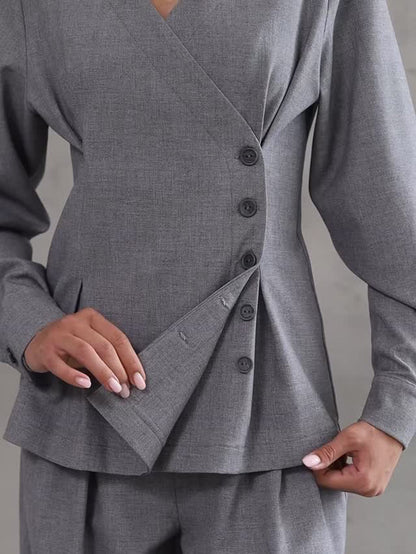Asymmetric V-Neck Top & Wide-Leg Trouser Co-Ord in Grey - grey asymmetric button detail