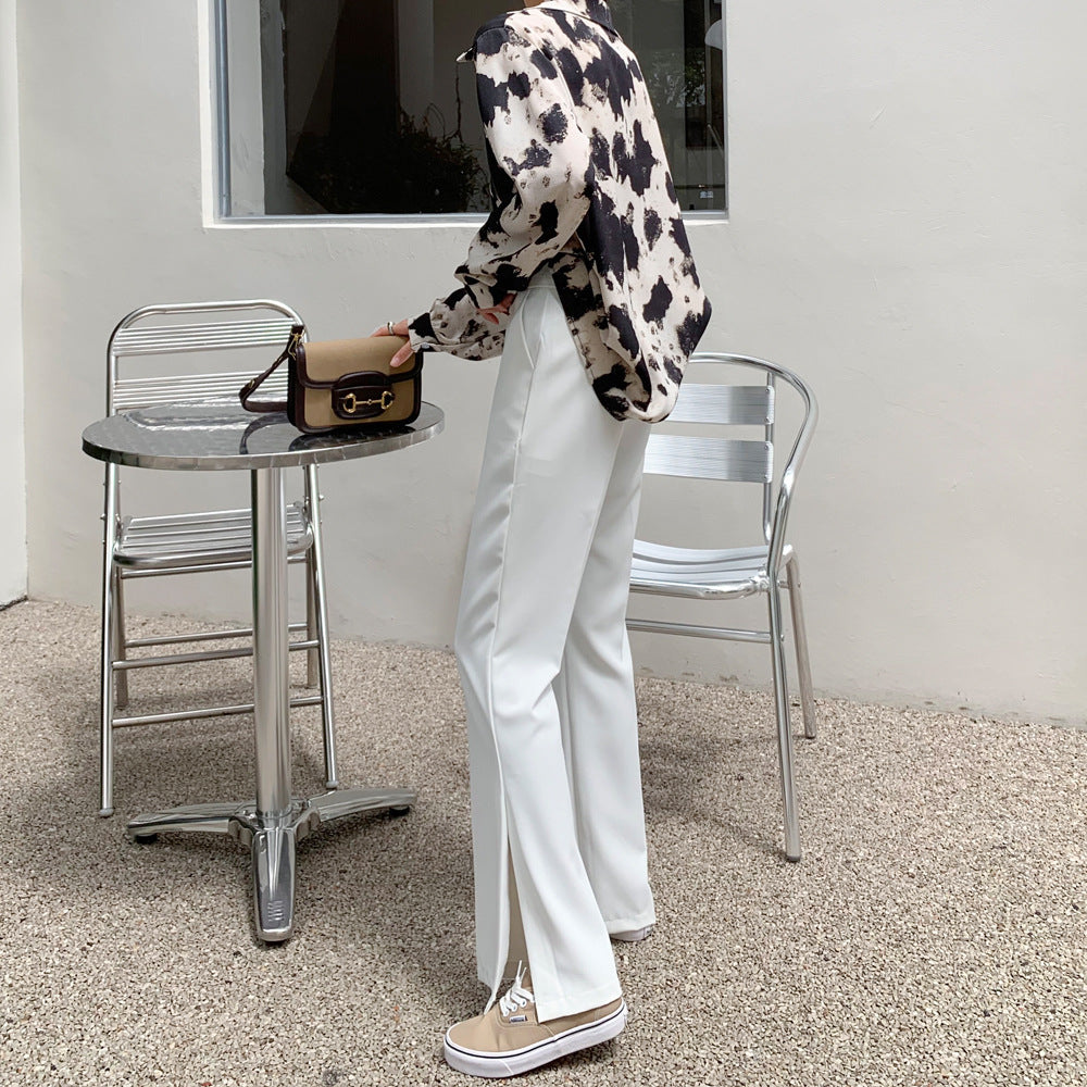 High-Waist Front-Slit Wide-Leg Trousers - white side view