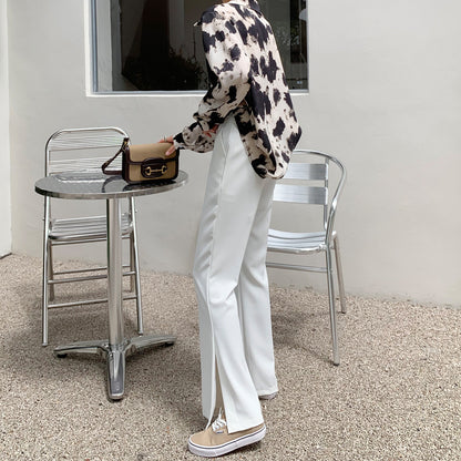 High-Waist Front-Slit Wide-Leg Trousers - white side view