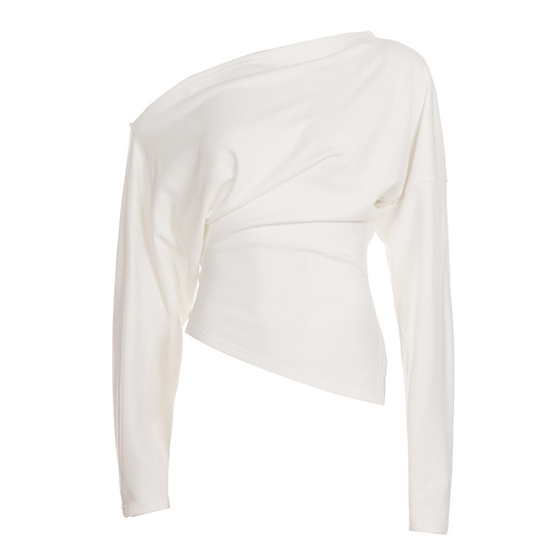 Long Sleeve Top with Off-Shoulder Drape - white flat lay front