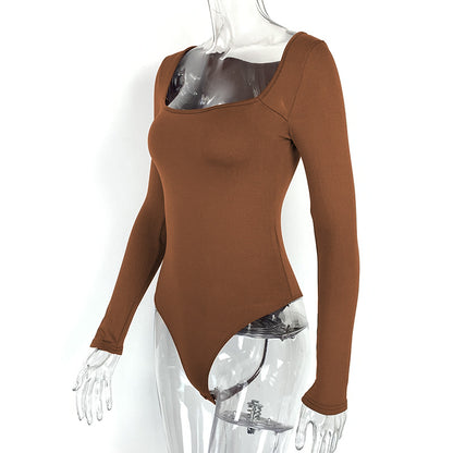 Bodysuit with Square Neck and Long Sleeves - brown angled mannequin view