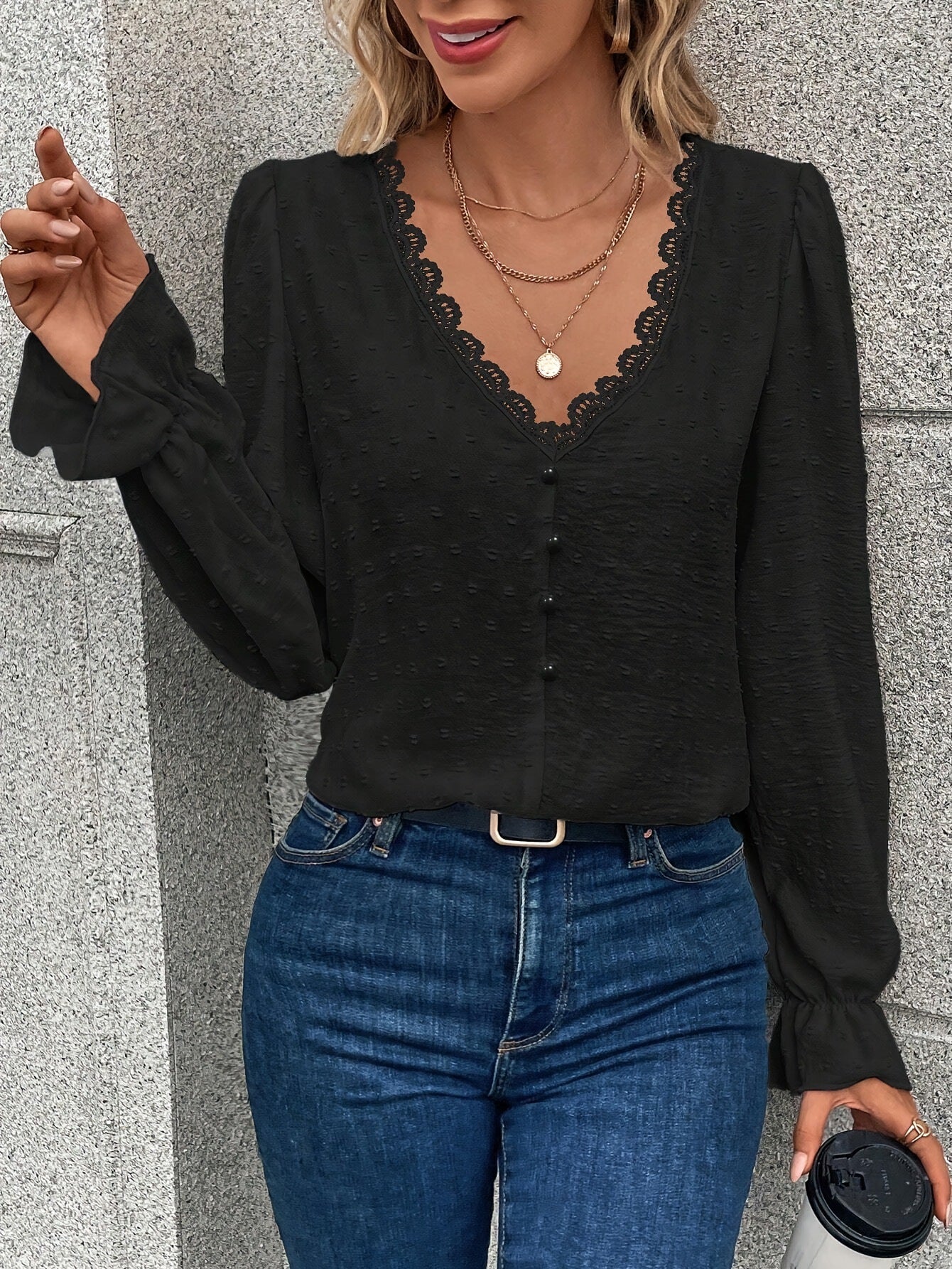 Blouse with Scalloped V-Neck and Button Front - black front view