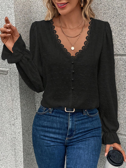 Blouse with Scalloped V-Neck and Button Front - black front view