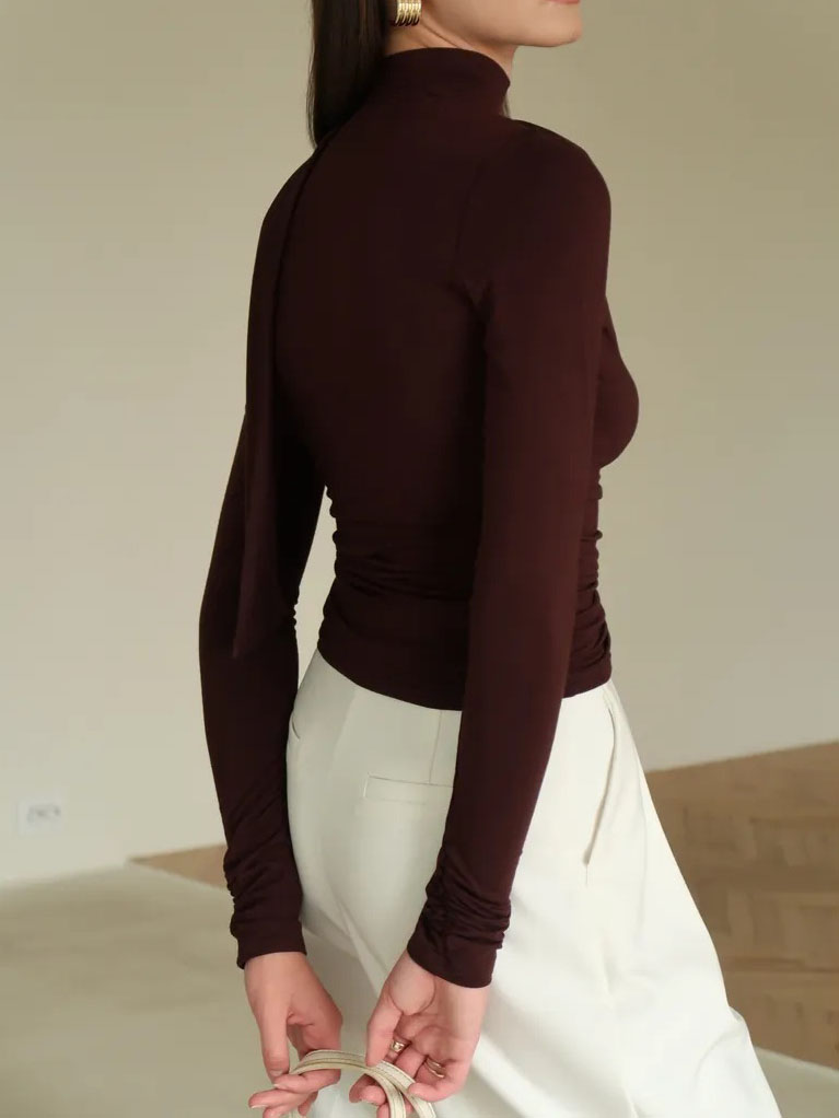 Long-Sleeve Top with Scarf Neck and Drape Front - claret back view