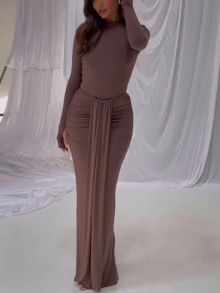 Maxi Dress in Brown with Long Sleeves and Ruched Hips - brown angled full-length view