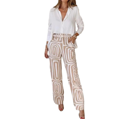 Wide-Leg Trousers & Relaxed Shirt Co-Ord Set in Geometric Print - khaki full outfit angled view