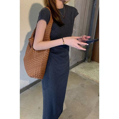 Maxi Dress in Charcoal Cotton Jersey - close-up of gathered waist and shoulder line